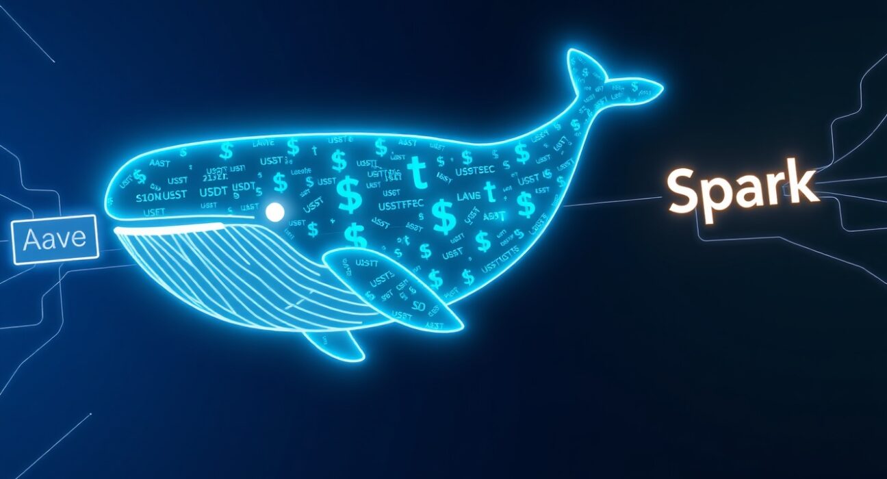 Digital whale representing $285M USDT transfer between Aave and Spark Protocol DeFi platforms