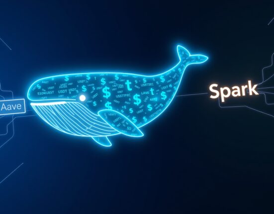 Digital whale representing $285M USDT transfer between Aave and Spark Protocol DeFi platforms