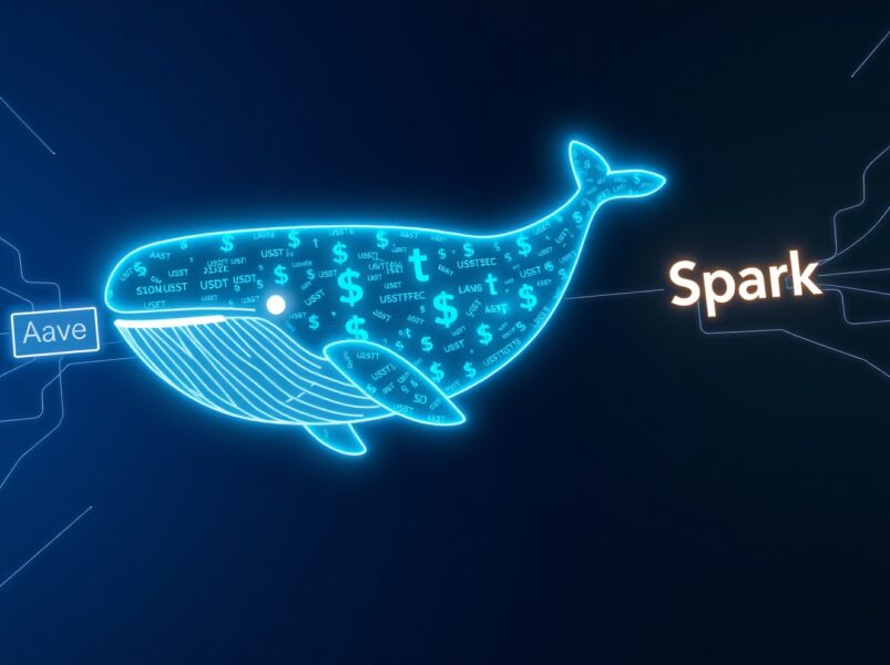 Digital whale representing $285M USDT transfer between Aave and Spark Protocol DeFi platforms