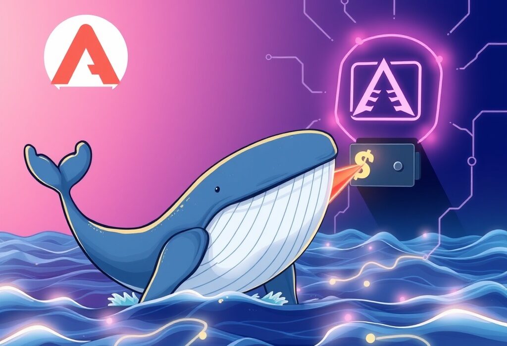 A cartoon whale executes a massive USDT transfer from Aave to an unknown wallet, symbolizing significant crypto market movement.