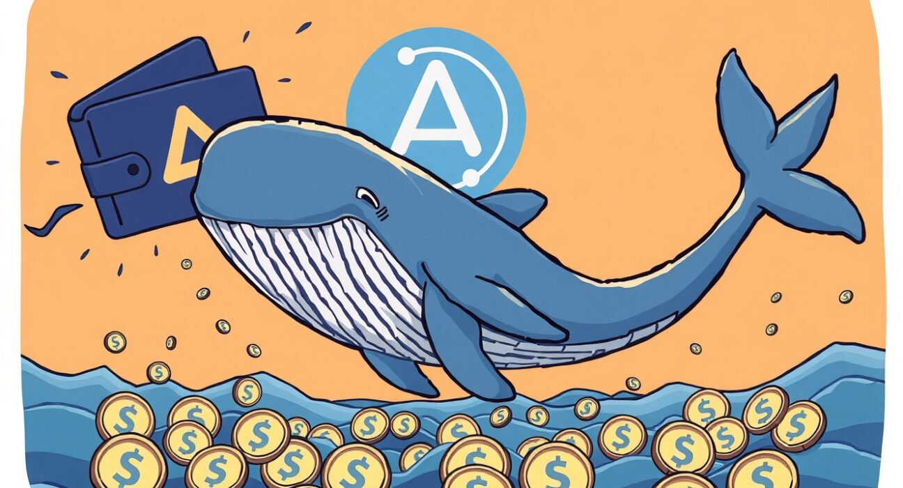 Cartoon showing a significant USDT transfer from Aave by a large whale, indicating a major shift in digital assets.
