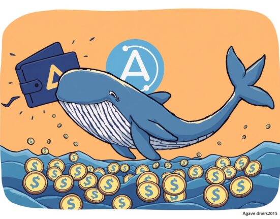 Cartoon showing a significant USDT transfer from Aave by a large whale, indicating a major shift in digital assets.