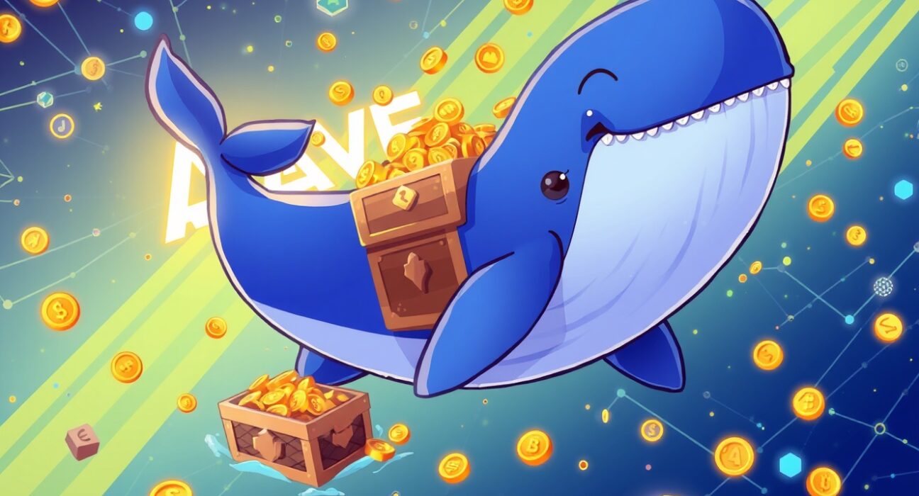 A cartoon whale making a massive USDT transfer to the Aave DeFi protocol, symbolizing large-scale crypto movement.