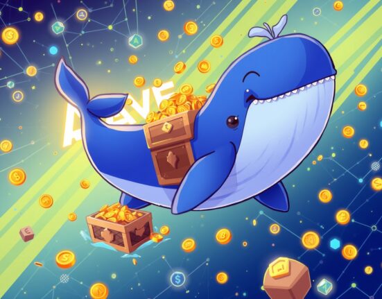 A cartoon whale making a massive USDT transfer to the Aave DeFi protocol, symbolizing large-scale crypto movement.