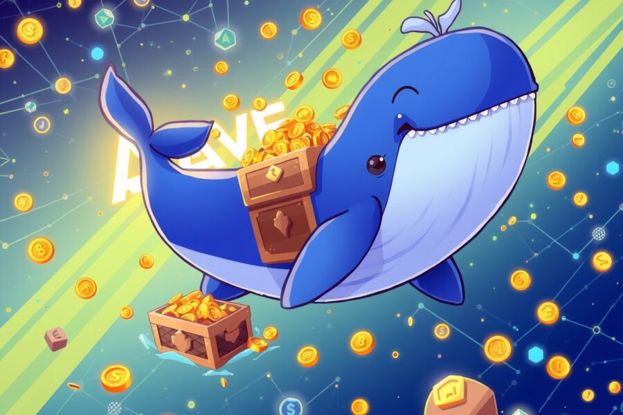 A cartoon whale making a massive USDT transfer to the Aave DeFi protocol, symbolizing large-scale crypto movement.
