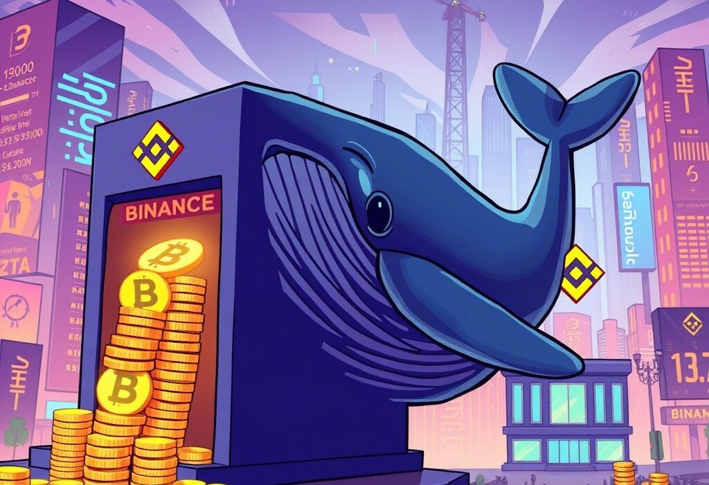 A cartoon whale making a massive USDT transfer to Binance, symbolizing significant market movement and potential impact on crypto.