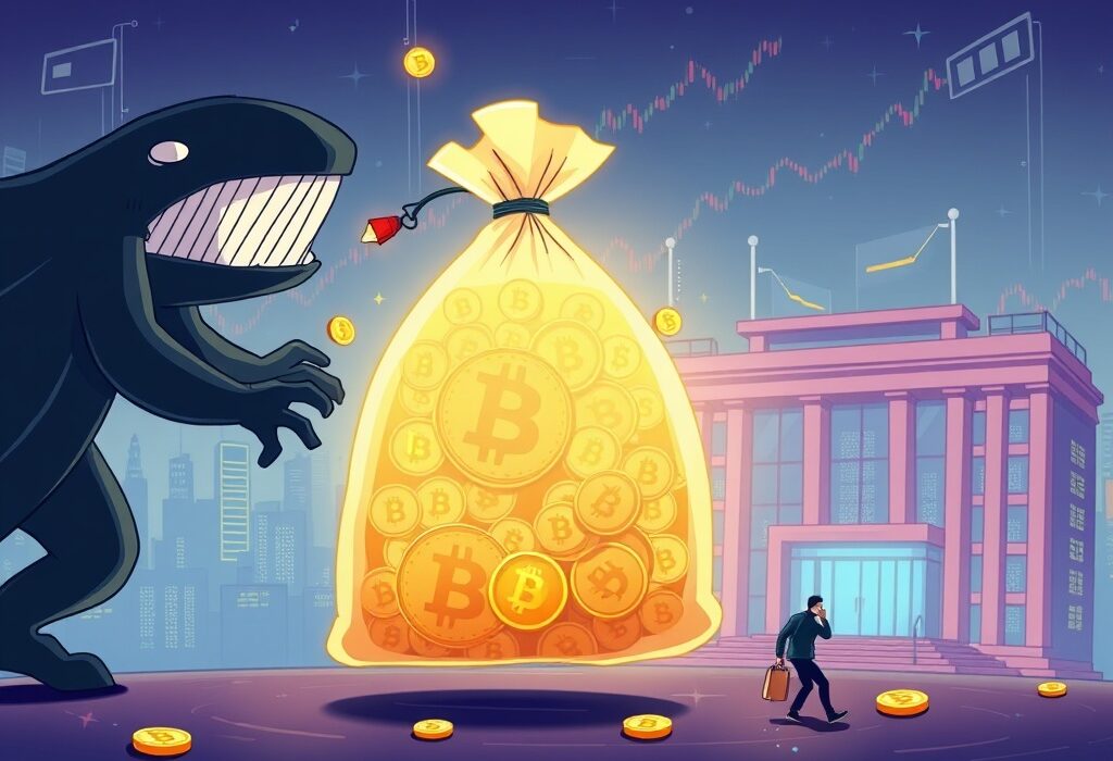 Cartoon illustration of a large whale moving a significant USDT transfer towards a crypto exchange, symbolizing market impact.