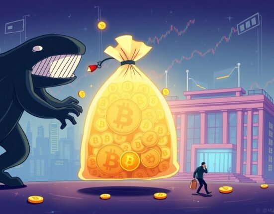 Cartoon illustration of a large whale moving a significant USDT transfer towards a crypto exchange, symbolizing market impact.
