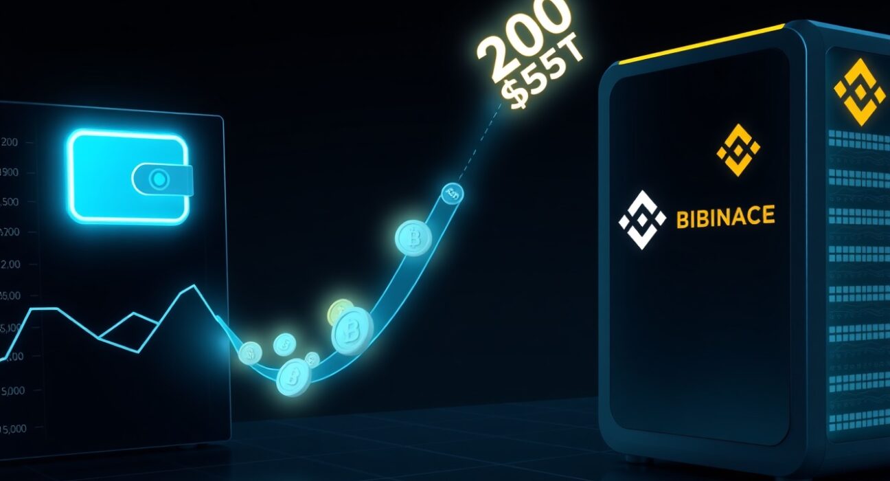 A digital wallet icon sending a stream of 200 million USDT coins to a Binance server, illustrating a major crypto transfer.