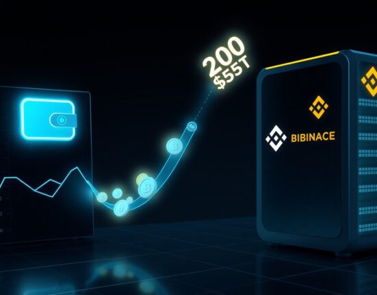 A digital wallet icon sending a stream of 200 million USDT coins to a Binance server, illustrating a major crypto transfer.