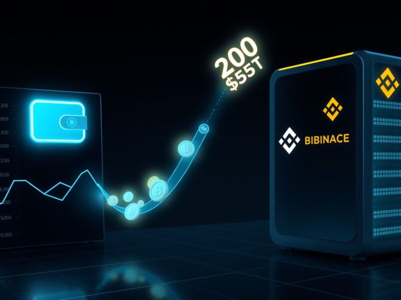 A digital wallet icon sending a stream of 200 million USDT coins to a Binance server, illustrating a major crypto transfer.