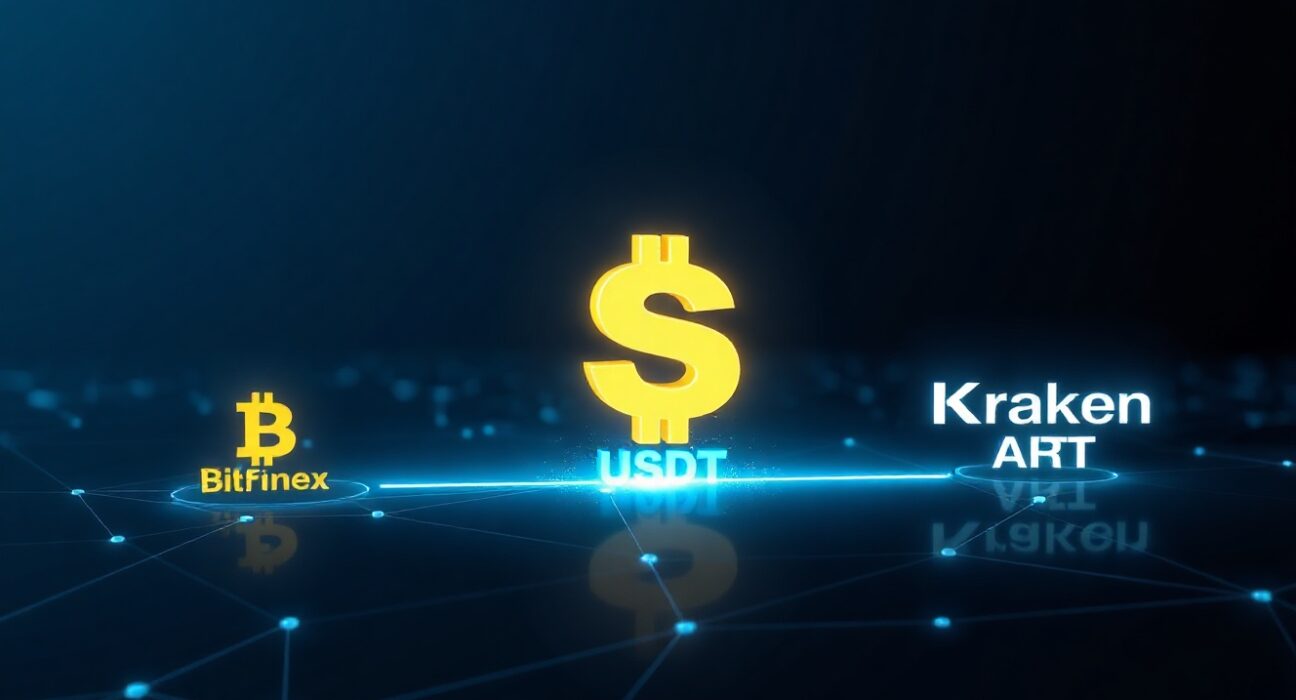 Illustration of a $331 million USDT transfer between Bitfinex and Kraken exchanges on a digital network.