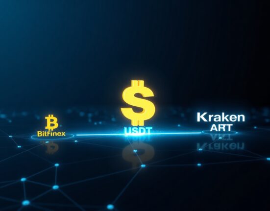 Illustration of a $331 million USDT transfer between Bitfinex and Kraken exchanges on a digital network.