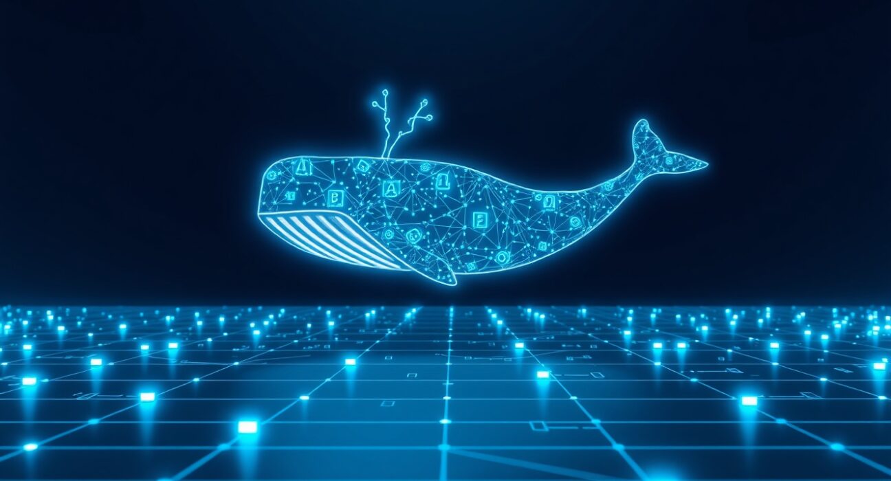 Digital whale symbol representing massive USDT cryptocurrency transfer from Bitfinex exchange