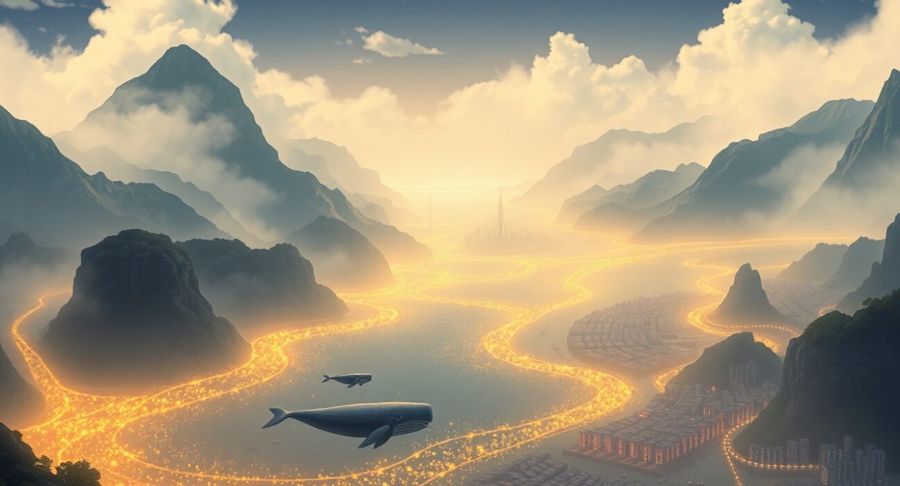 Visual metaphor for a massive USDT cryptocurrency transfer flowing into the Bitfinex exchange.