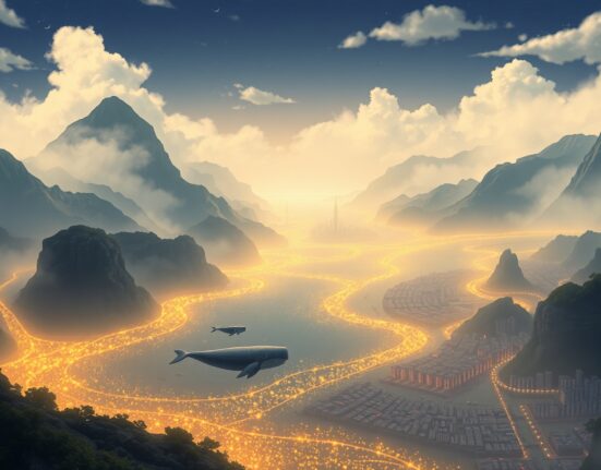 Visual metaphor for a massive USDT cryptocurrency transfer flowing into the Bitfinex exchange.