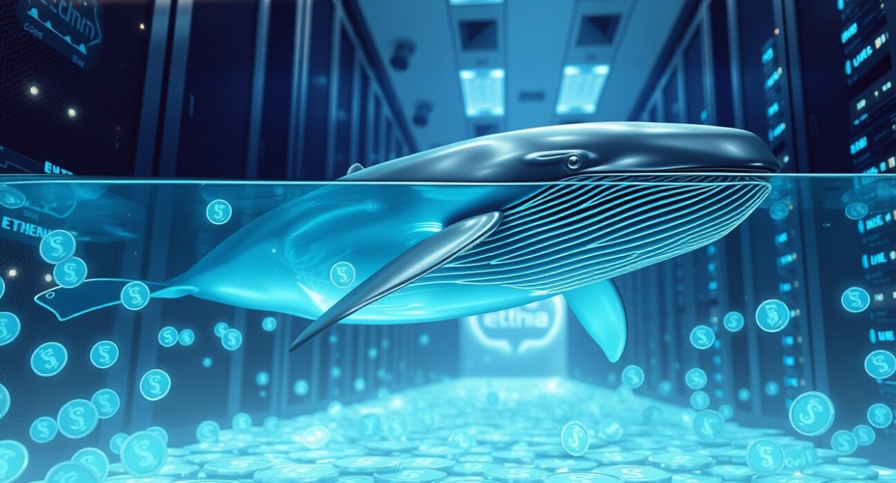 A digital whale swimming through USDT tokens representing the massive 299,909,990 USDT transfer to Ethena.