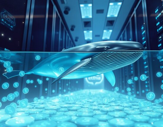 A digital whale swimming through USDT tokens representing the massive 299,909,990 USDT transfer to Ethena.