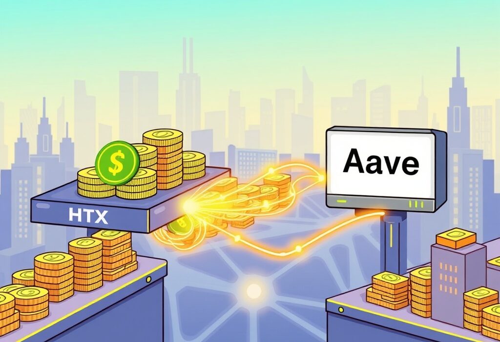 Cartoon illustration showing a massive USDT transfer of digital assets moving from HTX to Aave, highlighting a significant crypto transaction.
