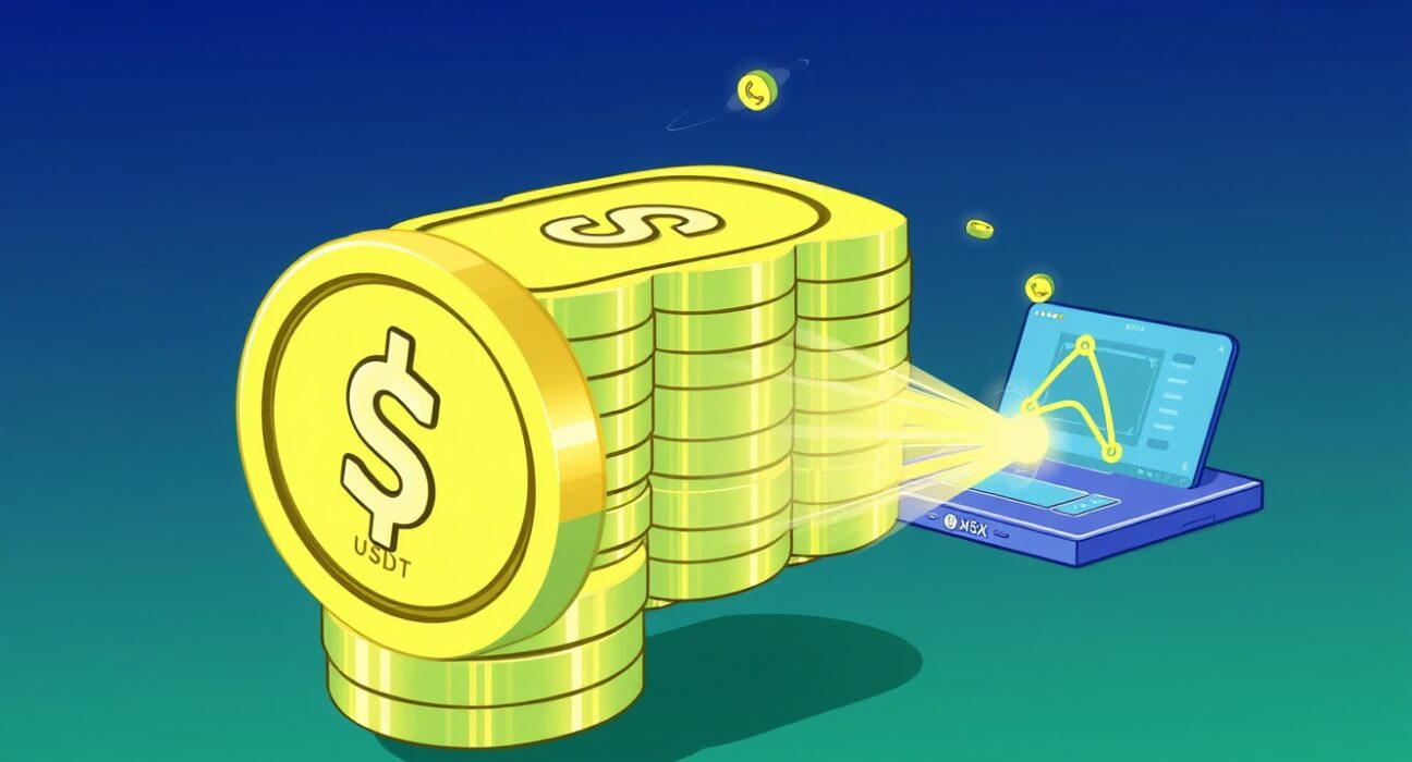 Cartoon showing a massive USDT transfer between a crypto exchange and a DeFi lending protocol, highlighting significant market movement.