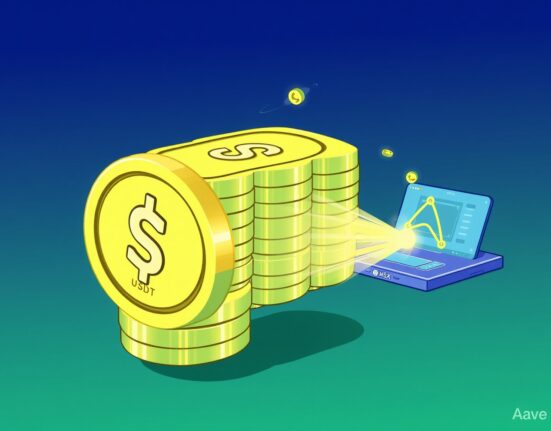 Cartoon showing a massive USDT transfer between a crypto exchange and a DeFi lending protocol, highlighting significant market movement.