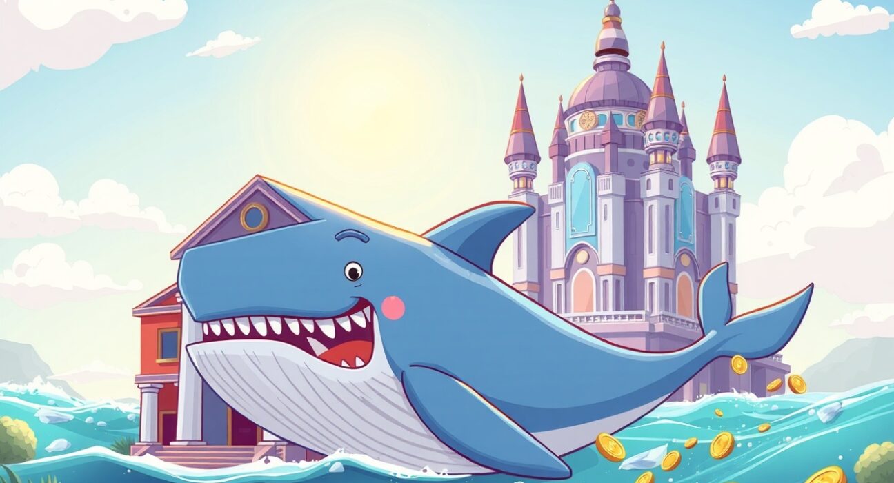 Illustration of a crypto whale transferring USDT between platforms in a dynamic market scene