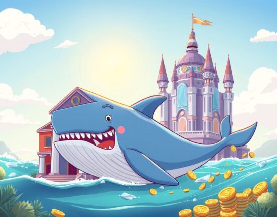 Illustration of a crypto whale transferring USDT between platforms in a dynamic market scene