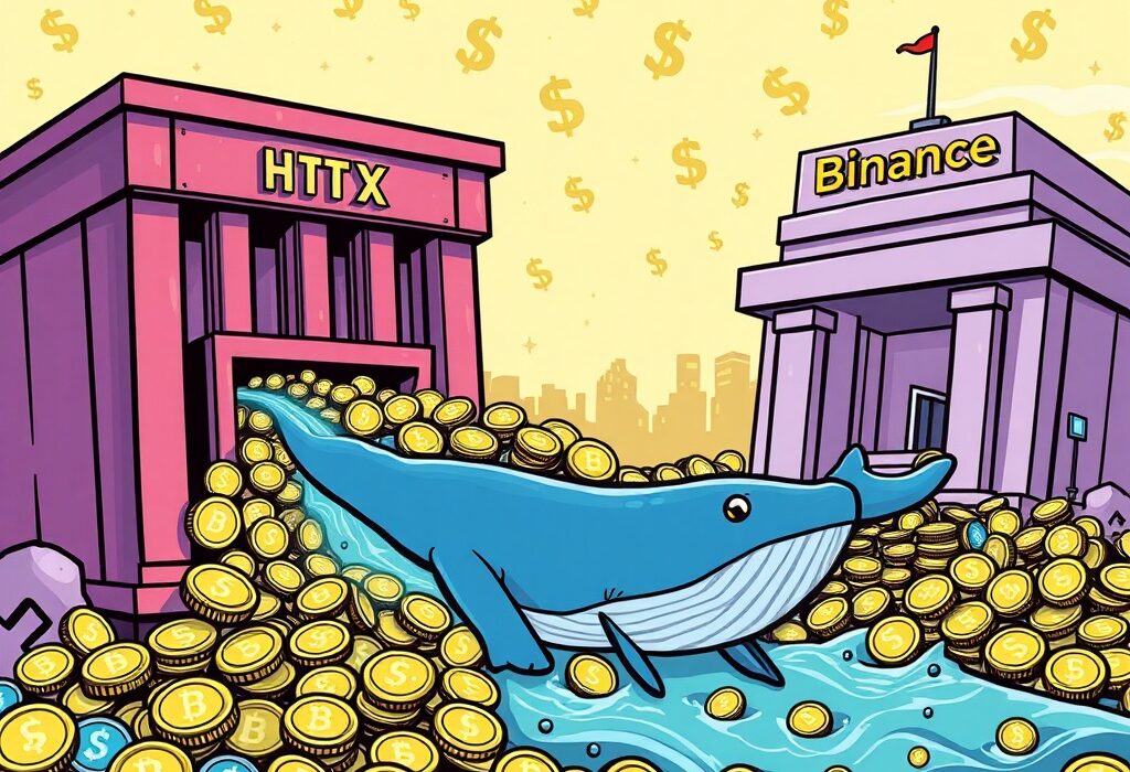 A cartoon whale overseeing a significant USDT transfer from HTX to Binance, symbolizing a major cryptocurrency movement.
