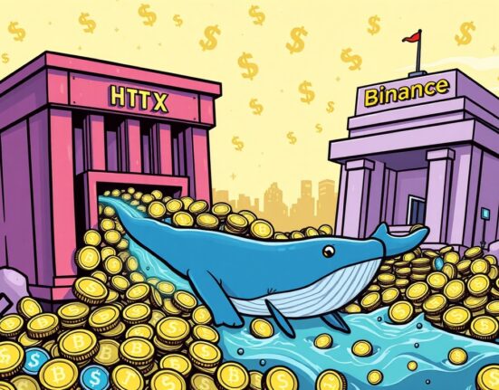 A cartoon whale overseeing a significant USDT transfer from HTX to Binance, symbolizing a major cryptocurrency movement.