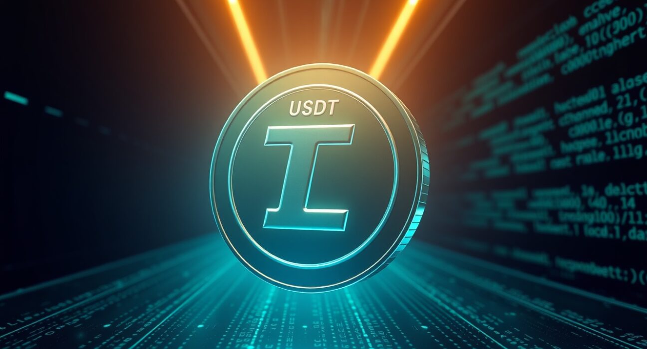A digital representation of a 300 million USDT transfer to HTX exchange from an unknown wallet, illustrating a large cryptocurrency whale movement.