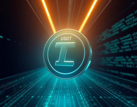 A digital representation of a 300 million USDT transfer to HTX exchange from an unknown wallet, illustrating a large cryptocurrency whale movement.
