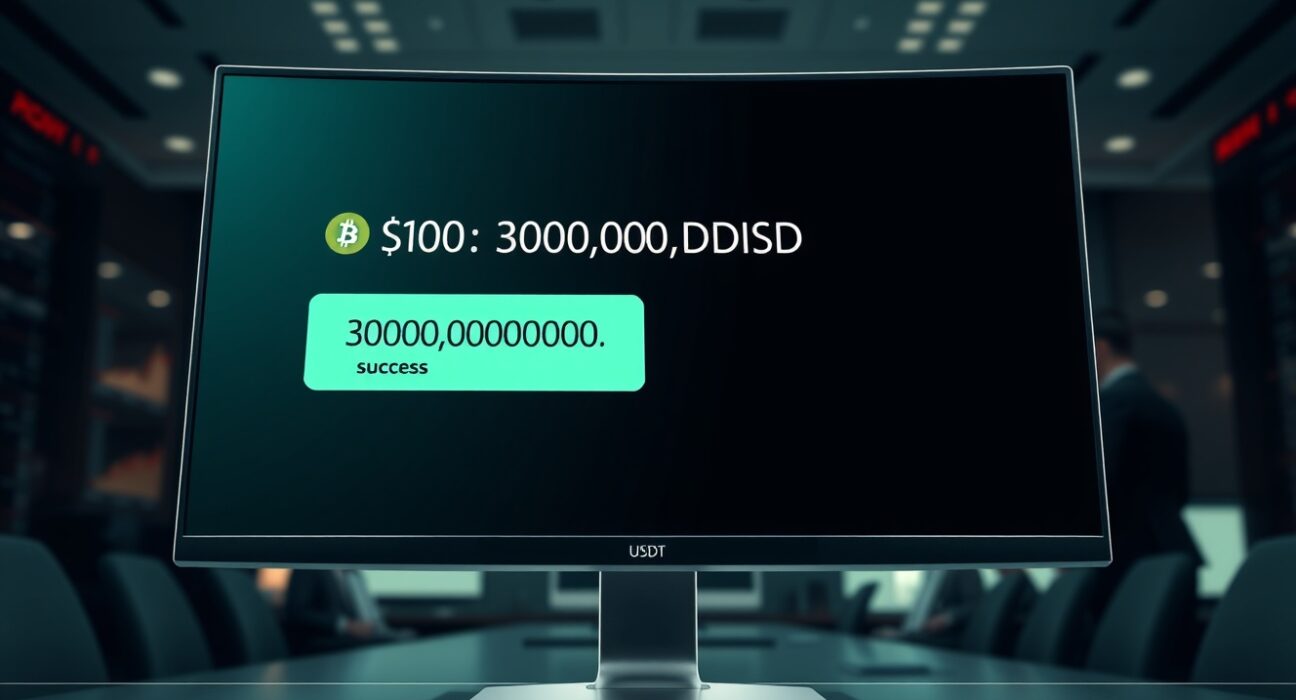 A digital wallet interface showing a confirmed 300,000,000 USDT transfer from HTX to an unknown wallet, highlighting a major stablecoin whale movement.