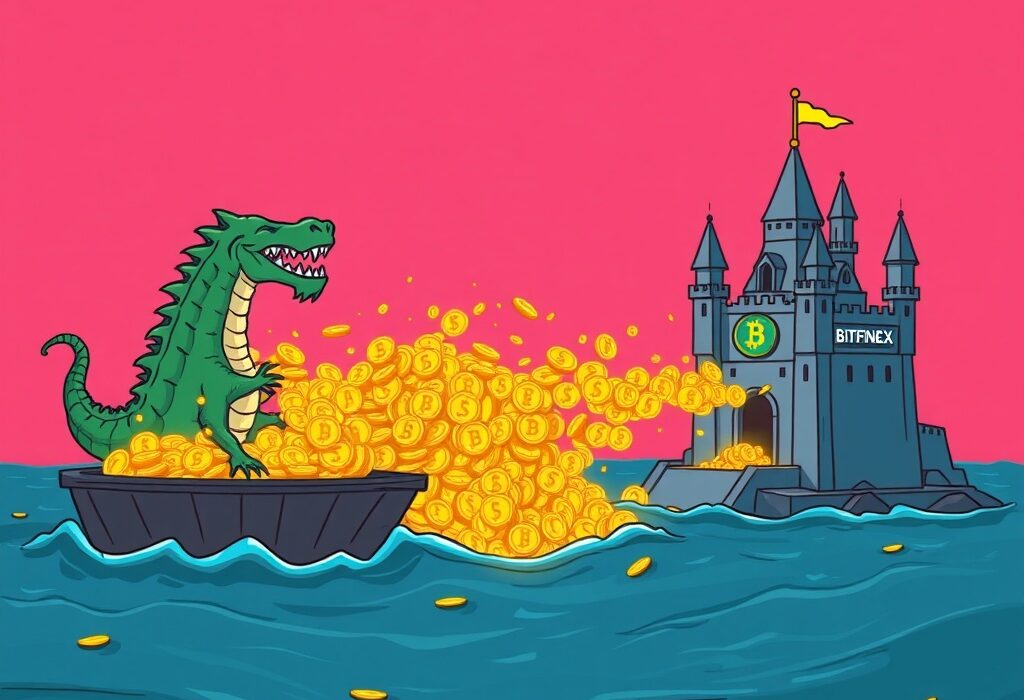A cartoon illustration of a massive USDT transfer from a Kraken-themed platform to a Bitfinex-themed platform, signifying a major crypto whale transaction.
