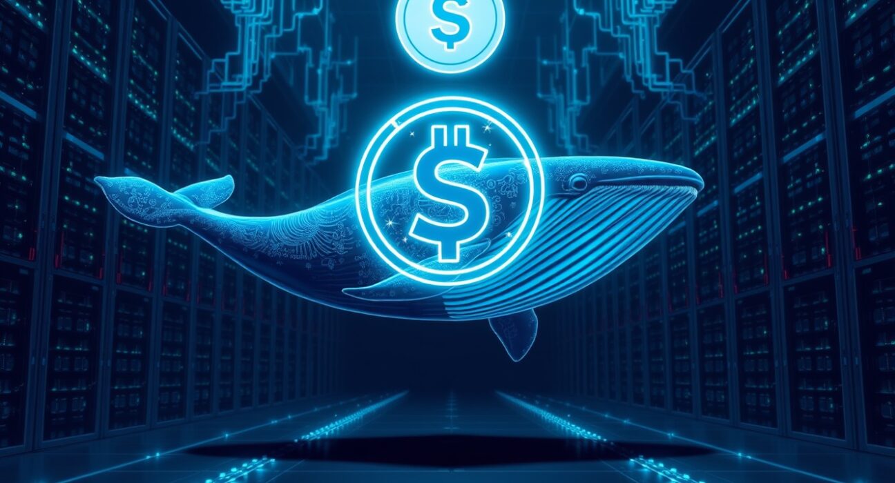 A digital whale symbolizing a 225 million USDT transfer from Kraken to an unknown wallet, highlighting a major crypto movement event.