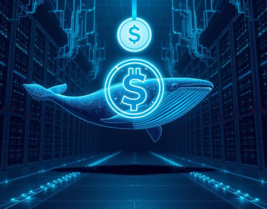 A digital whale symbolizing a 225 million USDT transfer from Kraken to an unknown wallet, highlighting a major crypto movement event.