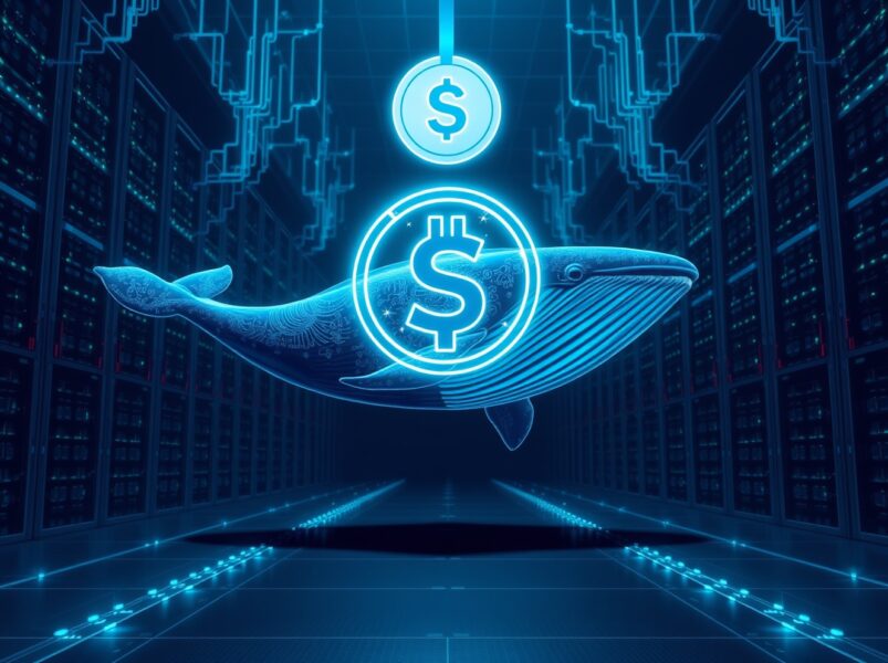 A digital whale symbolizing a 225 million USDT transfer from Kraken to an unknown wallet, highlighting a major crypto movement event.
