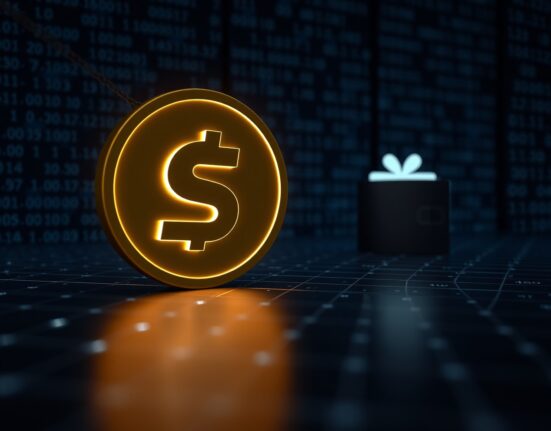 Digital representation of a $346 million USDT transfer moving from the Kraken exchange to an anonymous wallet on a blockchain grid.