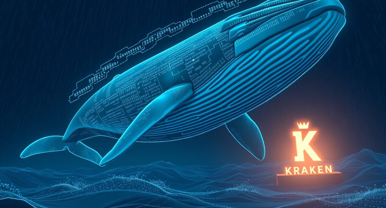 A photorealistic whale representing a 331 million USDT transfer swimming toward a Kraken exchange platform, illustrating a large stablecoin movement in the crypto market.