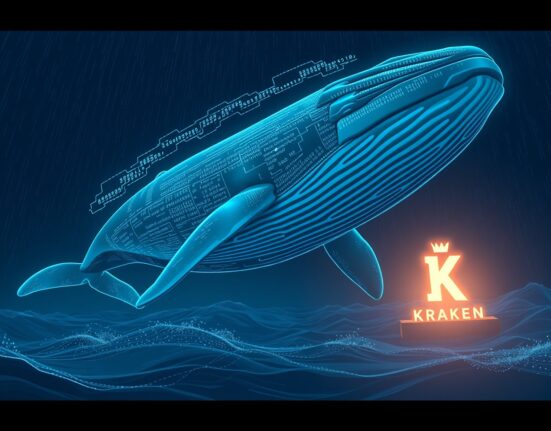 A photorealistic whale representing a 331 million USDT transfer swimming toward a Kraken exchange platform, illustrating a large stablecoin movement in the crypto market.