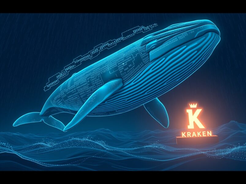 A photorealistic whale representing a 331 million USDT transfer swimming toward a Kraken exchange platform, illustrating a large stablecoin movement in the crypto market.