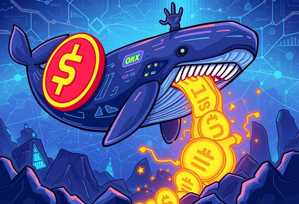 Cartoon illustration depicting a massive USDT transfer from OKX, highlighting the mystery and impact of a crypto whale transaction.