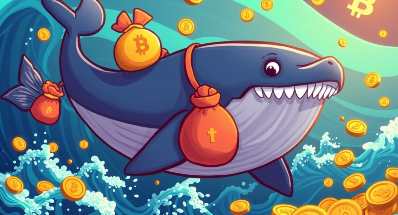 Giant whale carrying gold coins in USDT transfer through blockchain ocean