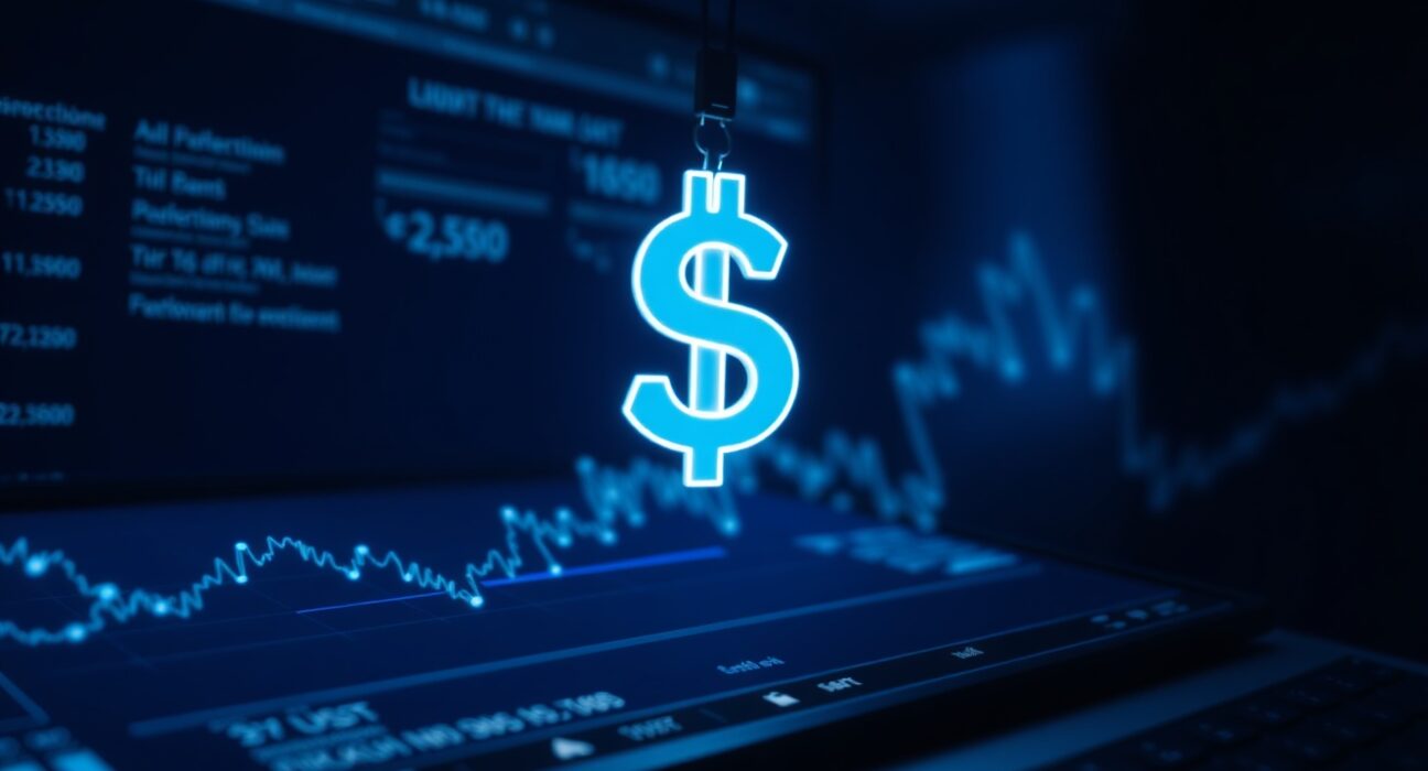 Large USDT symbol over a dark crypto exchange interface with blockchain nodes in background