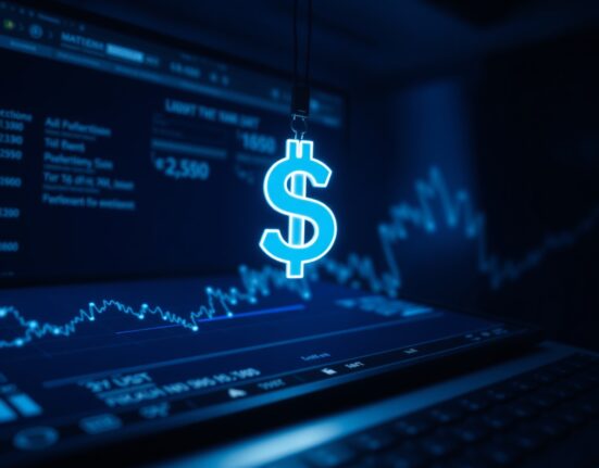 Large USDT symbol over a dark crypto exchange interface with blockchain nodes in background