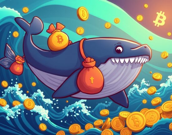 Giant whale carrying gold coins in USDT transfer through blockchain ocean