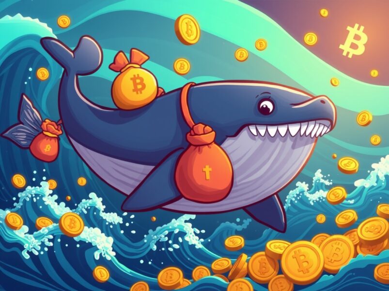 Giant whale carrying gold coins in USDT transfer through blockchain ocean