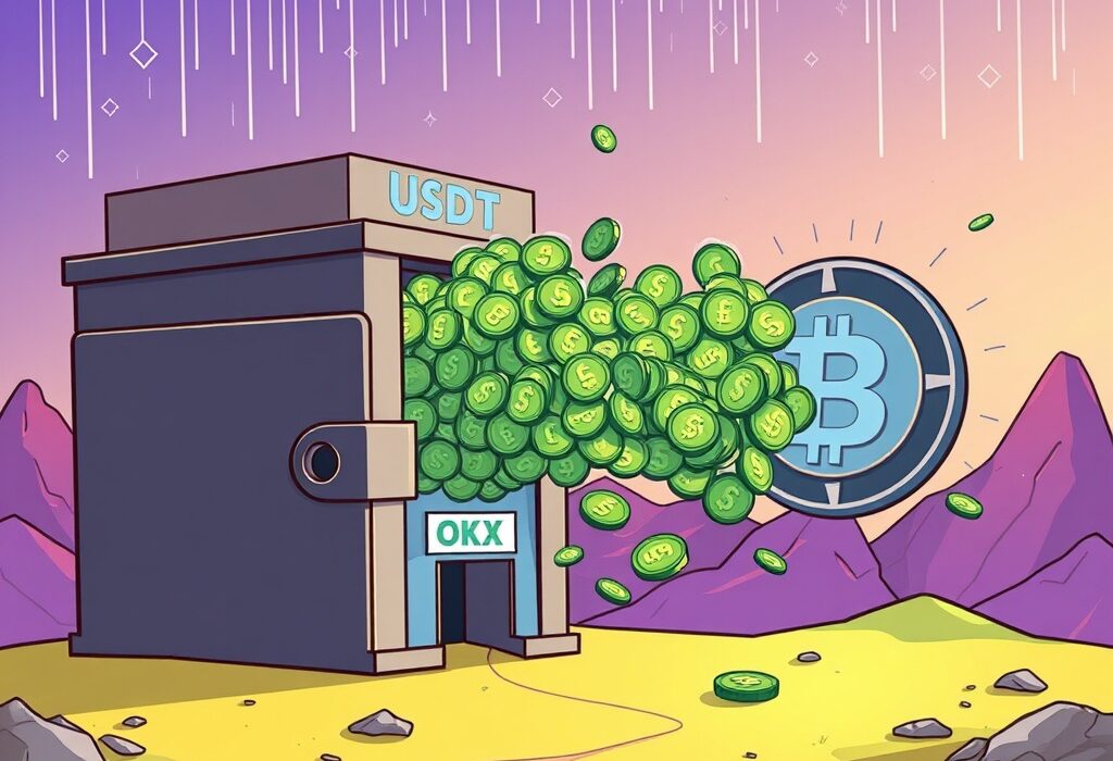 Cartoon illustration depicting a massive USDT transfer by a crypto whale, highlighting the impact of large digital asset movements on the market.