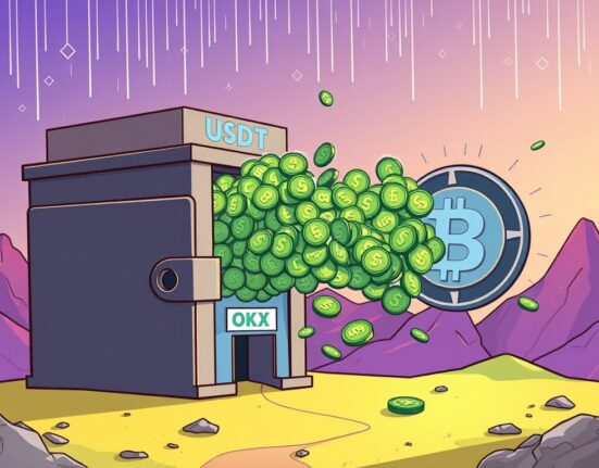 Cartoon illustration depicting a massive USDT transfer by a crypto whale, highlighting the impact of large digital asset movements on the market.