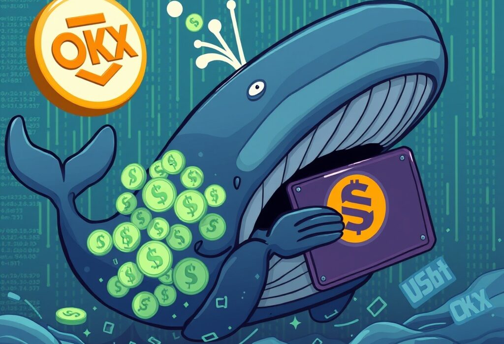 A massive USDT transfer by a whale to OKX, symbolizing significant market movement and liquidity shifts.