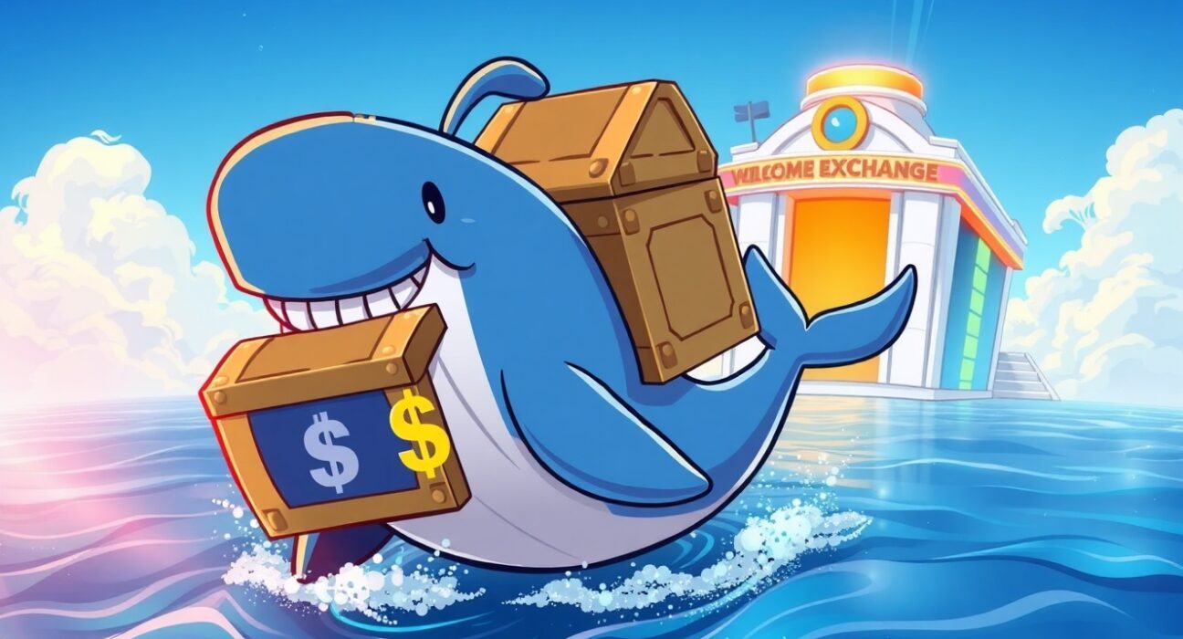 A cartoon whale making a massive USDT transfer to a cryptocurrency exchange, symbolizing a large market movement.